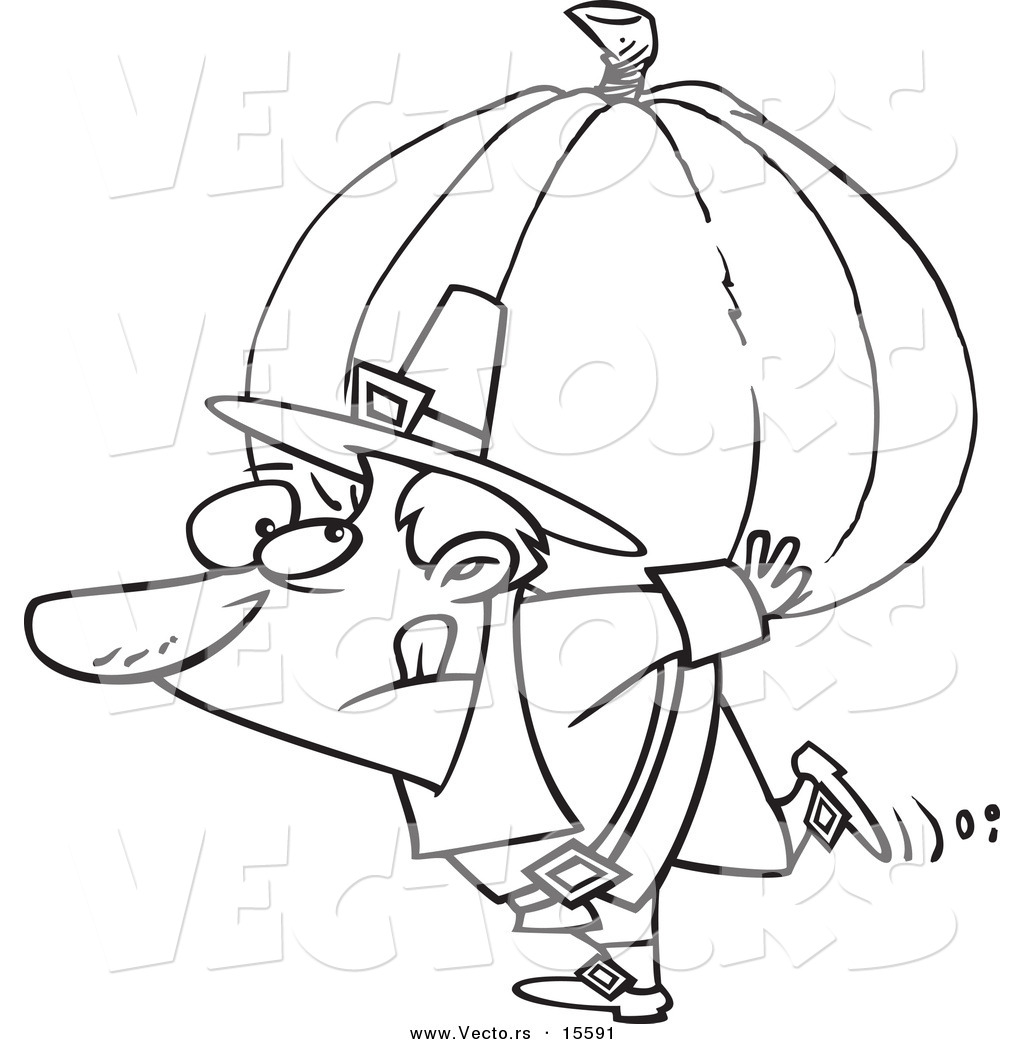 R of a cartoon pilgrim carrying a heavy pumpkin