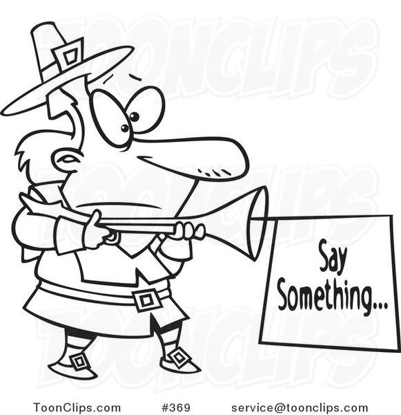 Coloring page line art of a cartoon pilgrim with a blunderbuss and sign by ron leishman