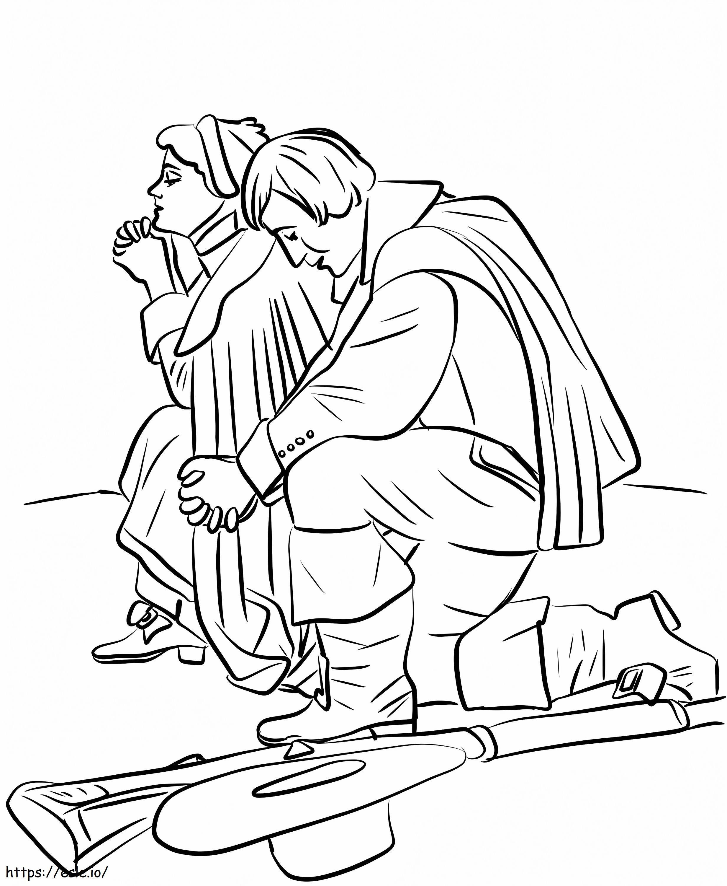 Pilgrim couple kneeling coloring page