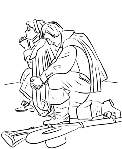 Pilgrim couple kneeling in prayer coloring page free printable coloring pages