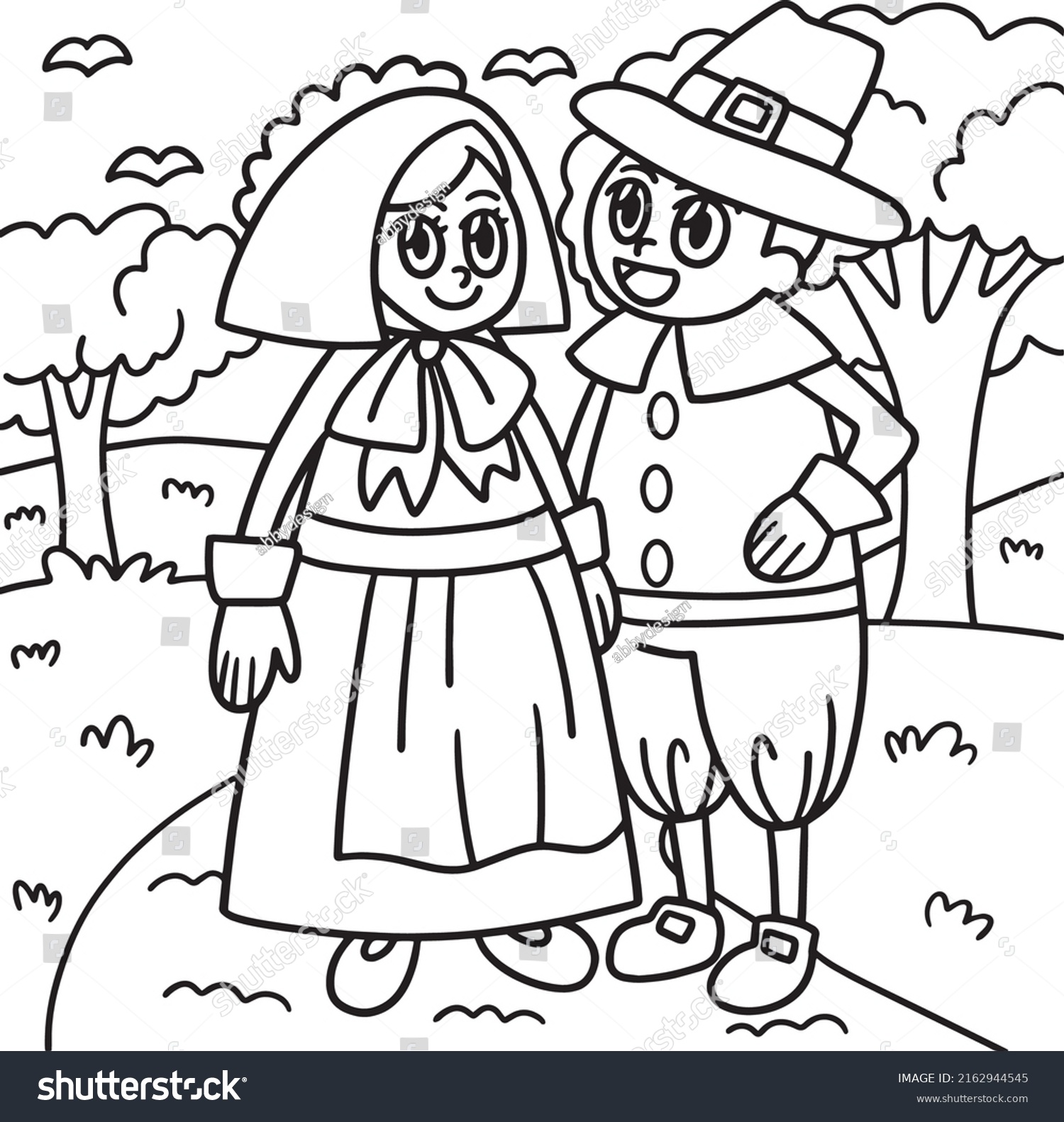 Thanksgiving pilgrim couple coloring page kids stock vector royalty free