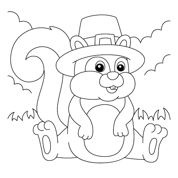 Premium vector thanksgiving squirrel pilgrim hat coloring page