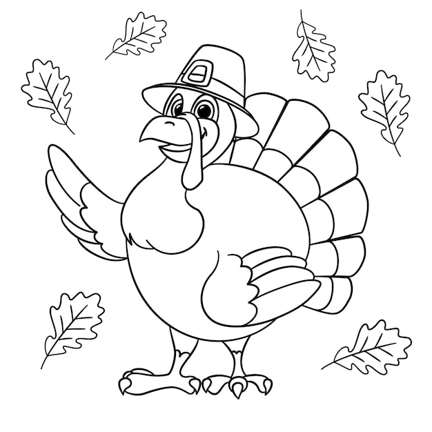 Premium vector cute cartoon turkey wearing a pilgrim hat wishes happy thanksgiving day outlined for coloring page on white background