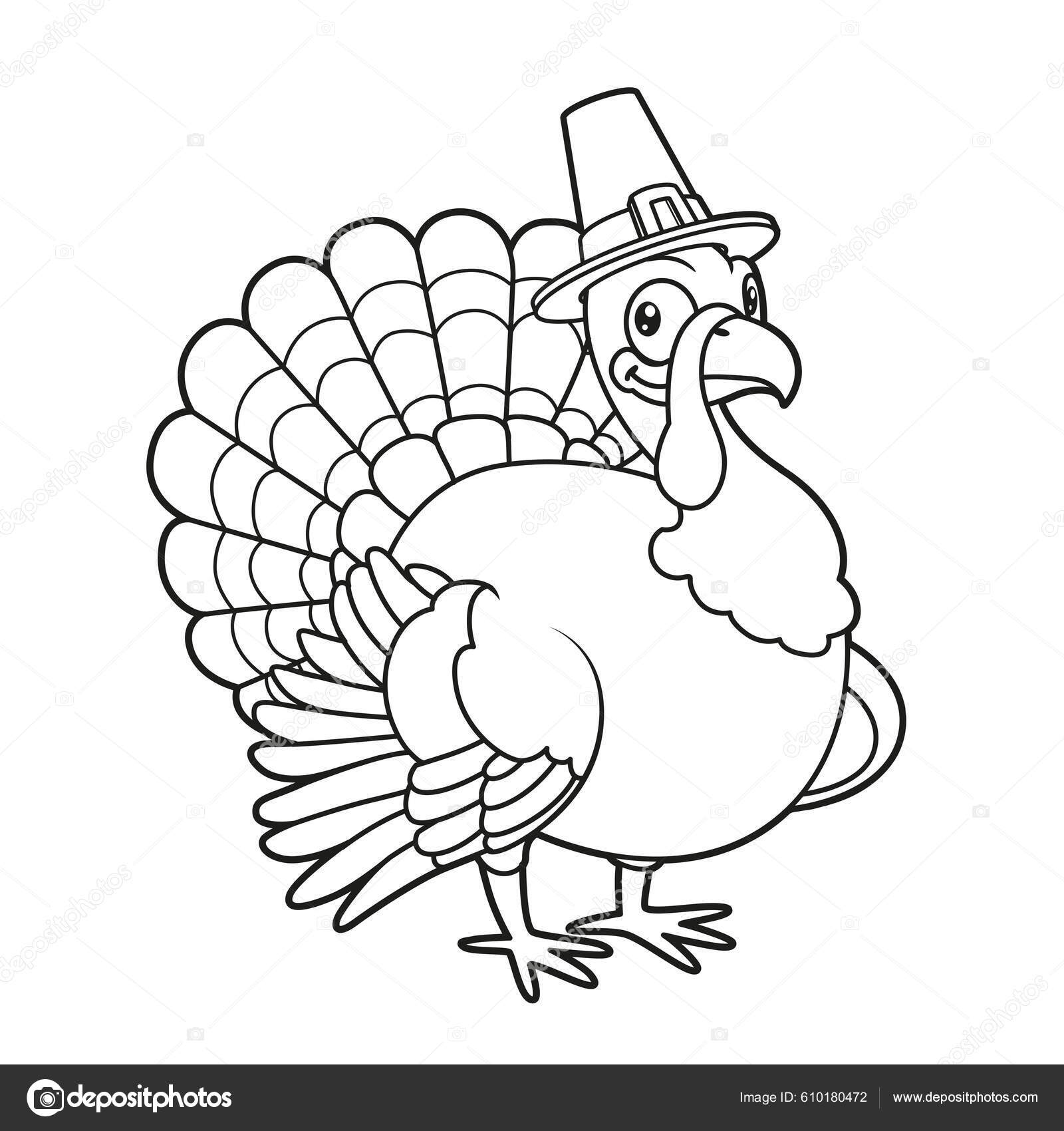 Cute cartoon turkey wearing pilgrim hat outlined coloring page white stock vector by yadviga