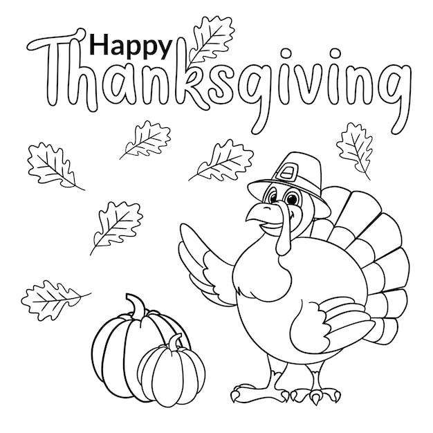 Premium vector cute cartoon turkey wearing a pilgrim hat wishes happy thanksgiving day outlined for coloring page on white background