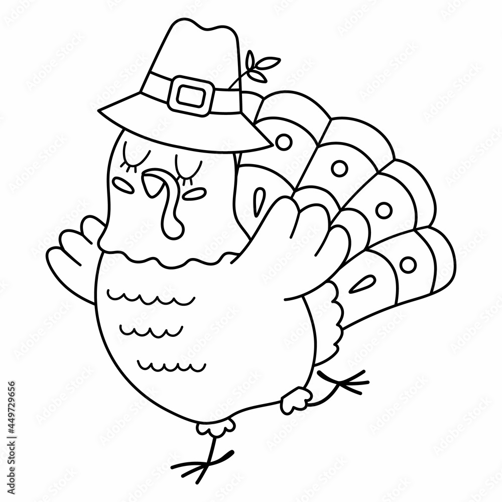 Vector black and white thanksgiving turkey in pilgrim hat autumn bird line icon outline fall holiday dancing animal with closed eyes isolated on white background vector