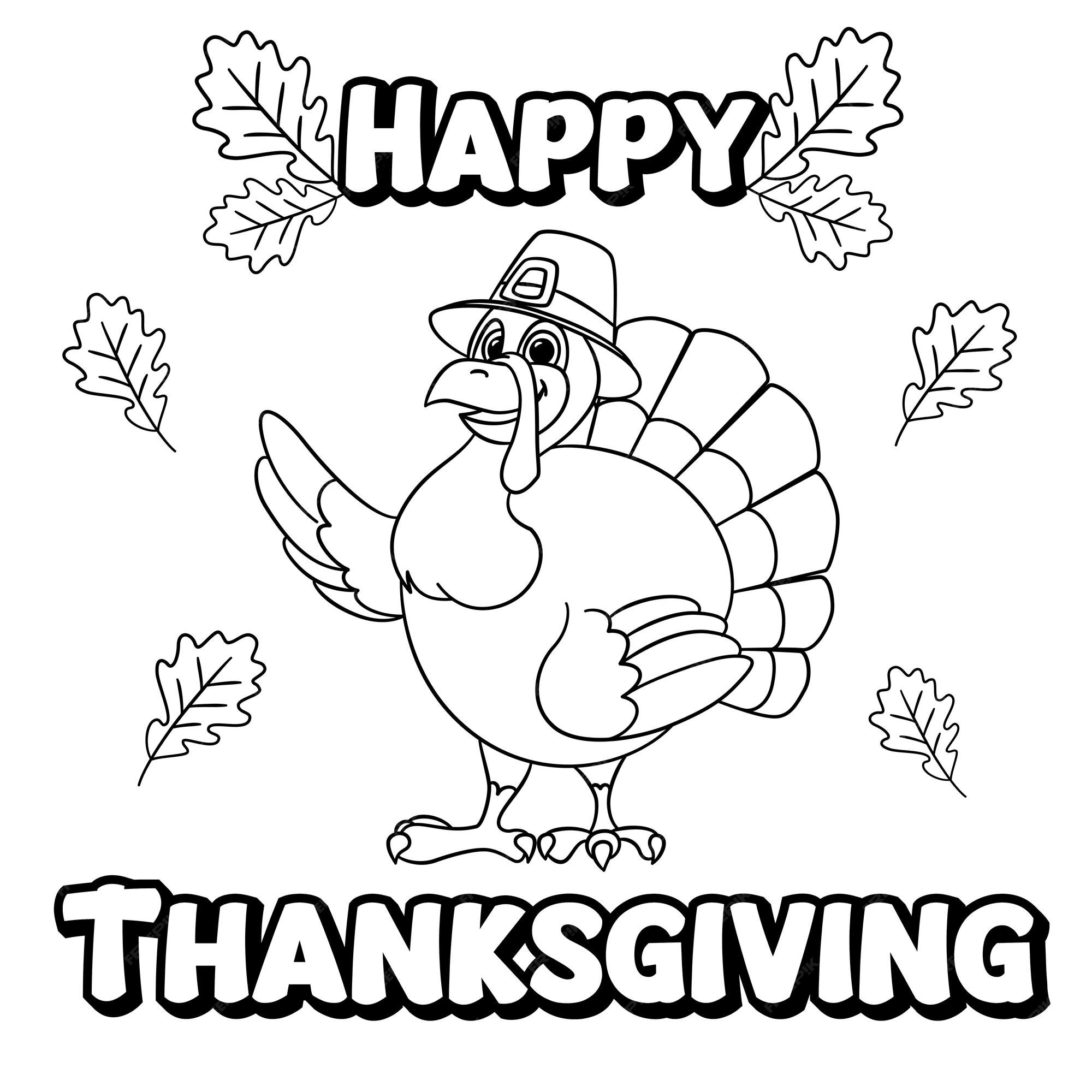 Premium vector cute cartoon turkey wearing a pilgrim hat wishes happy thanksgiving day outlined for coloring page on white background