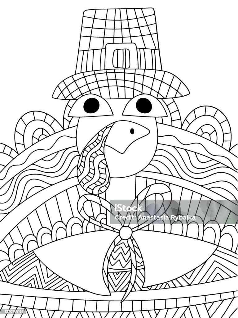 Cartoon thanksgiving day turkey bird in pilgrim hat vector coloring page for kids stock illustration