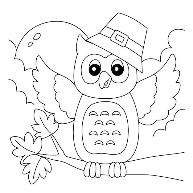 Premium vector thanksgiving owl with pilgrim hat coloring page