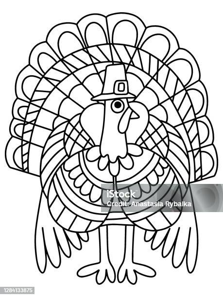 Funny ornamental turkey bird in pilgrim hat coloring page stock vector illustration stock illustration