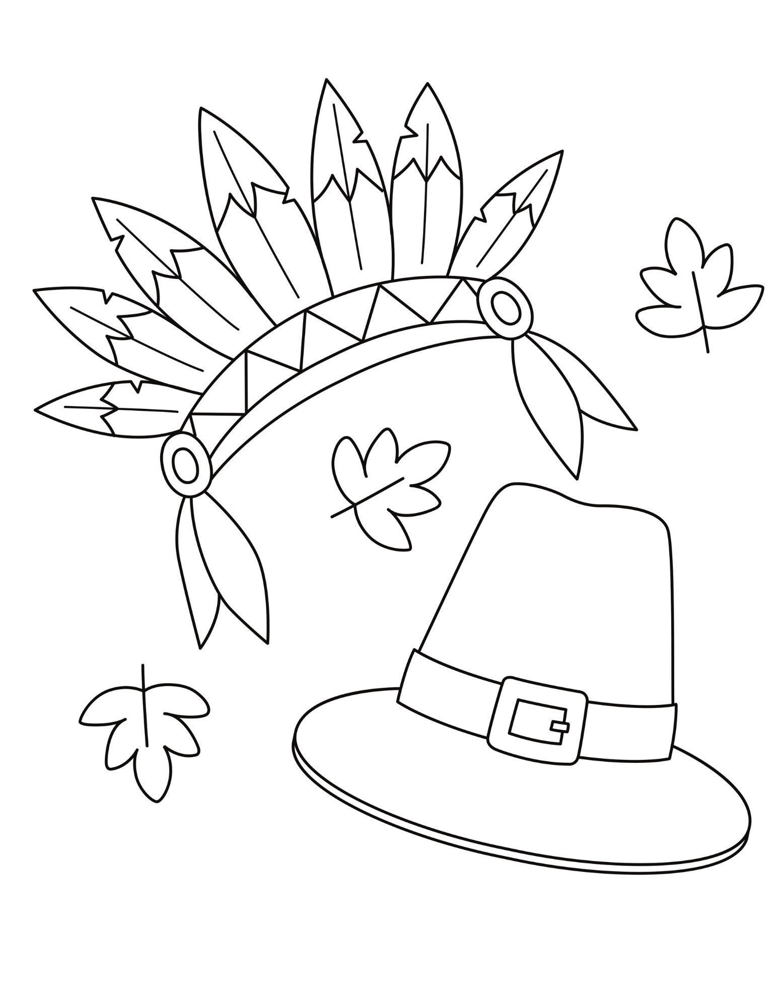 Pilgrim hat and native american feather headdress digital download printable coloring page