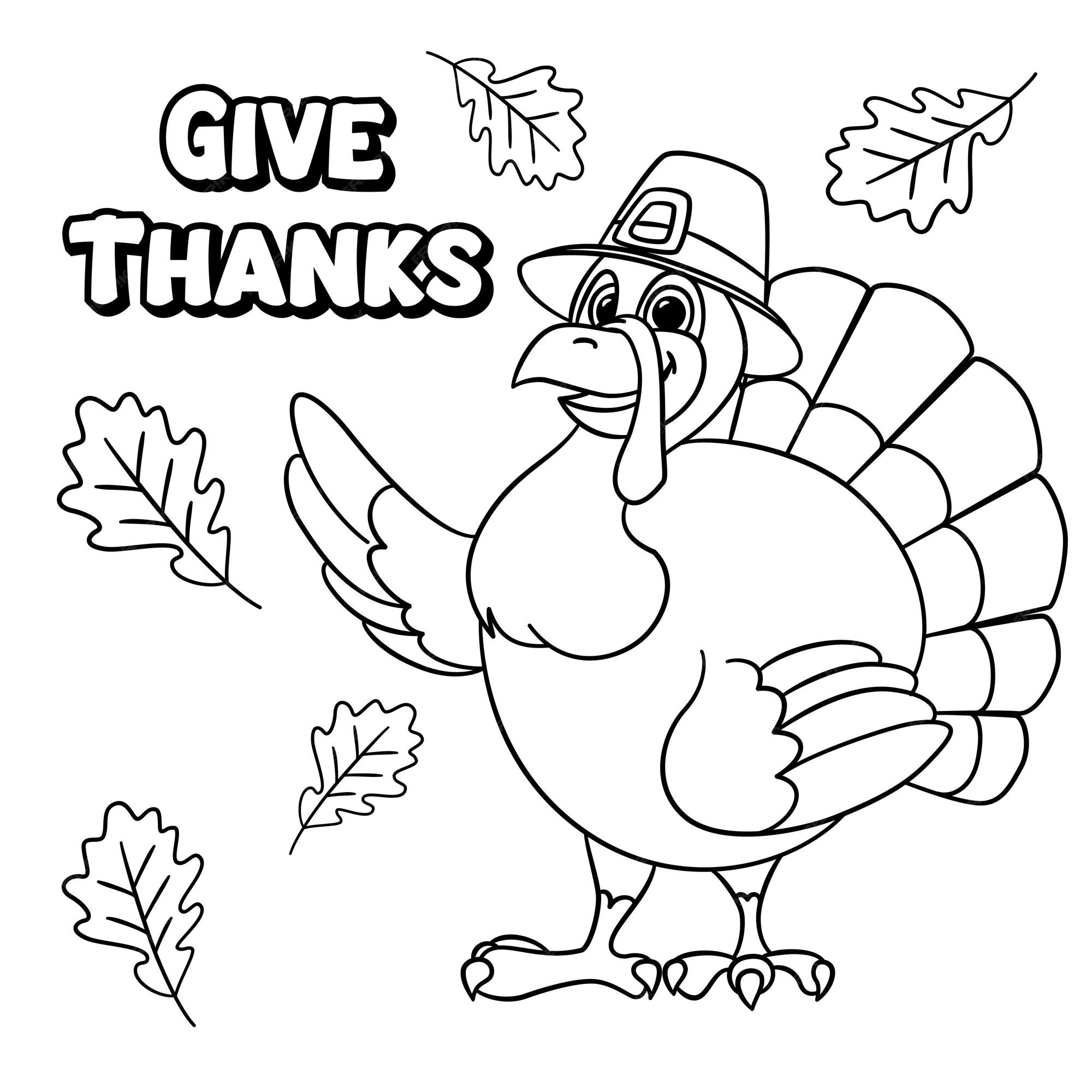 Premium vector cute cartoon turkey wearing a pilgrim hat wishes happy thanksgiving day outlined for coloring page on white background