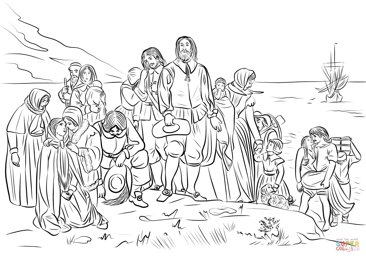 The first landing of mayflower pilgrims lead by myles standish coloring page free printable coloring pages