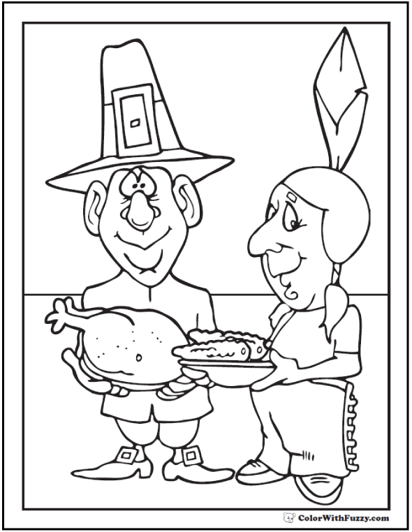 Pilgrim indian coloring page thanksgiving