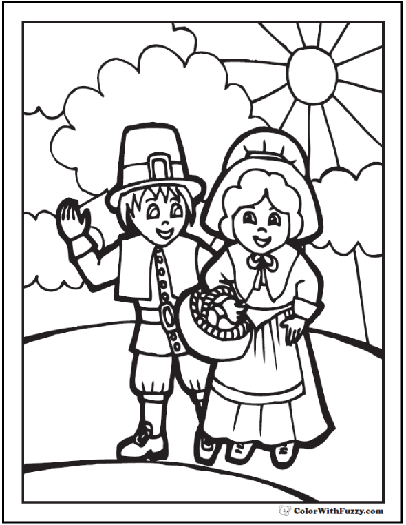 Thanksgiving coloring page pilgrims with basket