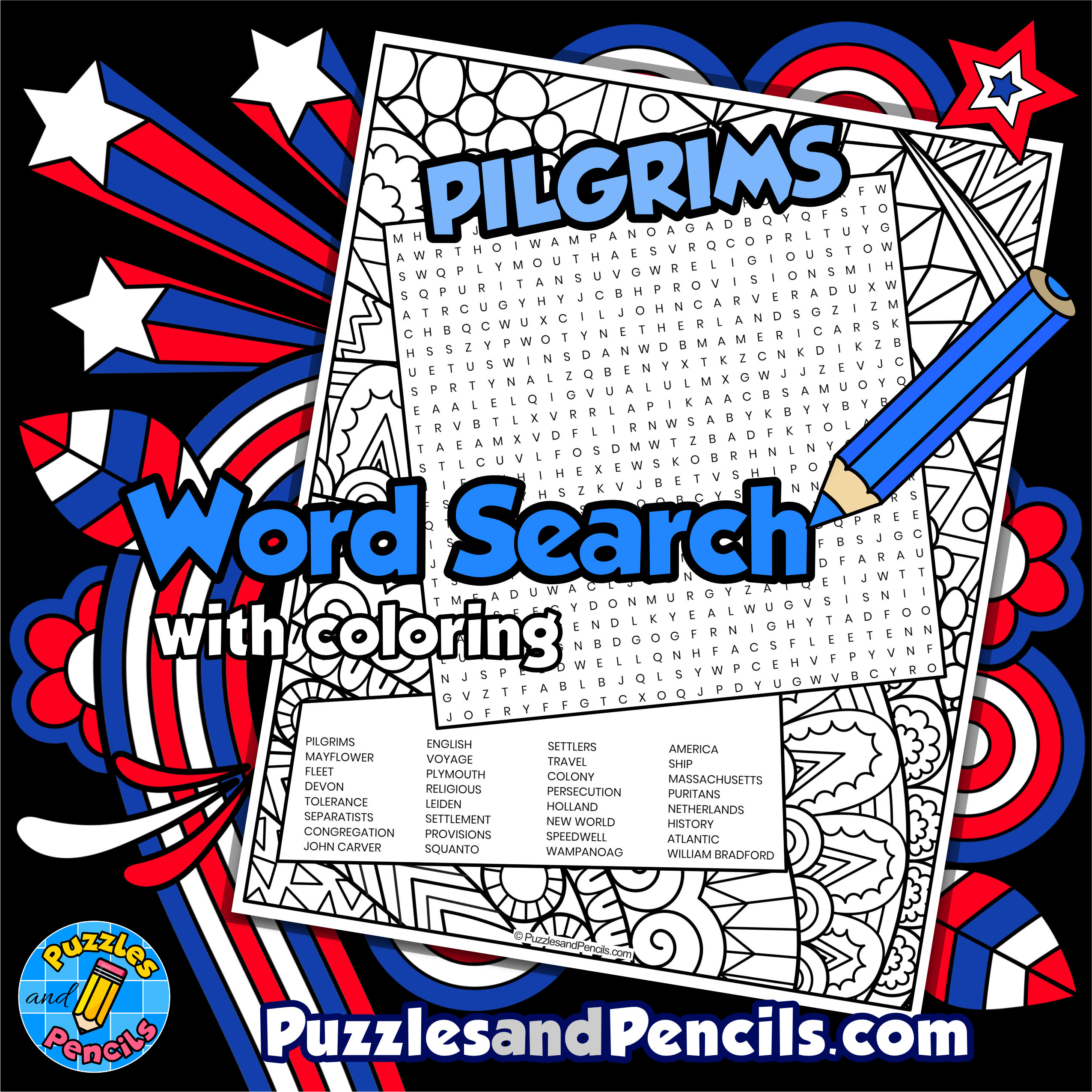 Pilgrims word search puzzle with coloring us history wordsearch made by teachers