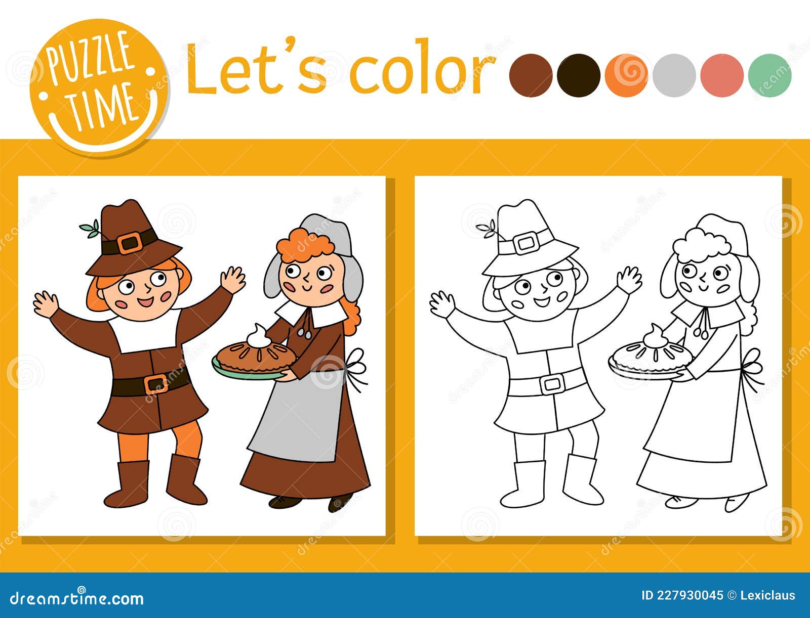 Thanksgiving coloring page for children with pilgrims vector autumn holiday outline illustration with first settlers stock vector