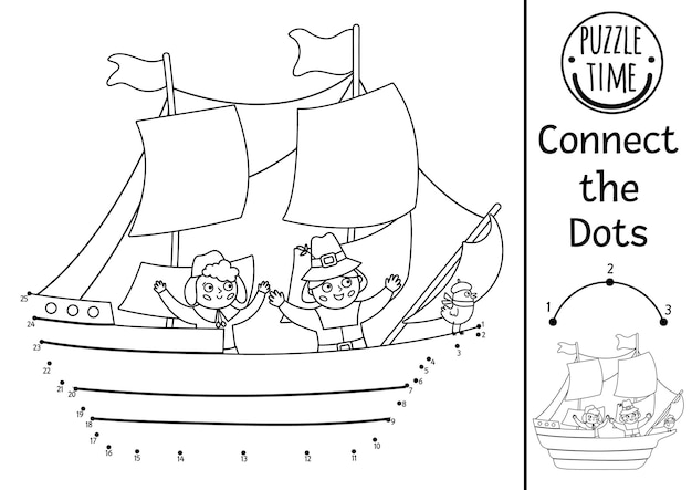 Premium vector vector dottodot and color activity with mayflower ship and pilgrims thanksgiving historical connect the dots game or coloring page for kids autumn holiday printable worksheet fall quizxa