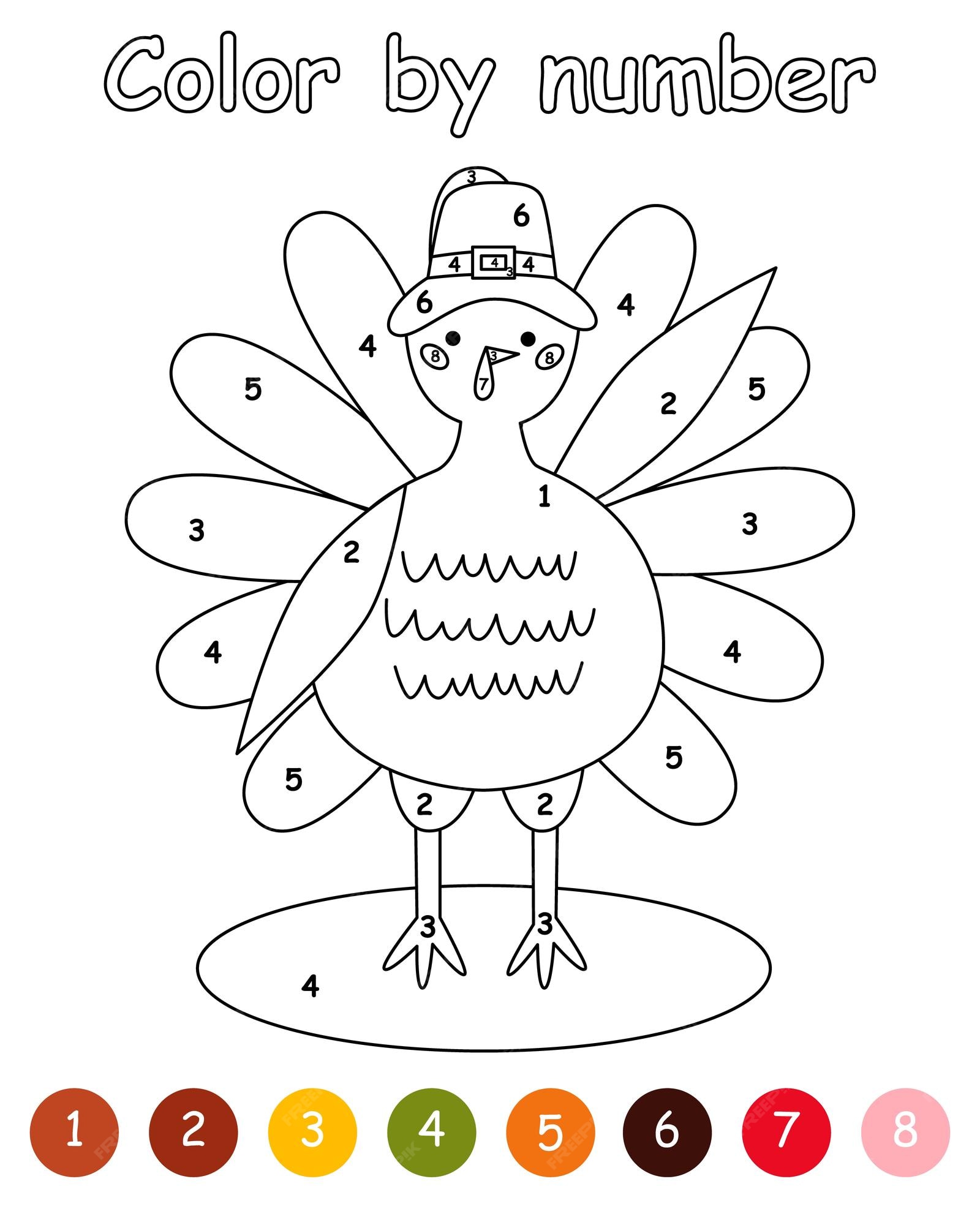 Premium vector color by number game for kids pilgrim turkey thanksgiving bird animal character wearing a pilgrims hat printable worksheet with solution for school and preschool learning numbers activity