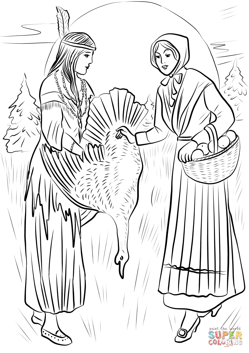 Native american woman sharing turkey with pilgrim woman coloring page free printable coloring pages