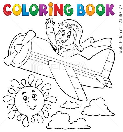 Coloring book pilot in retro airplane