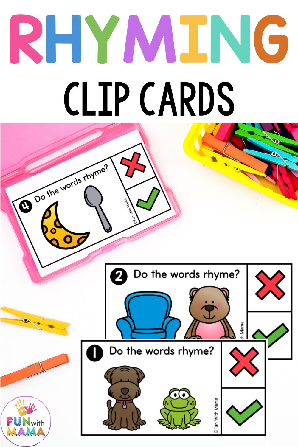 Rhyming words for kids clip cards