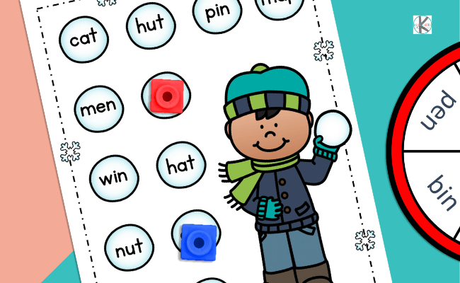 Free printable winter rhyming bump game for kindergarten