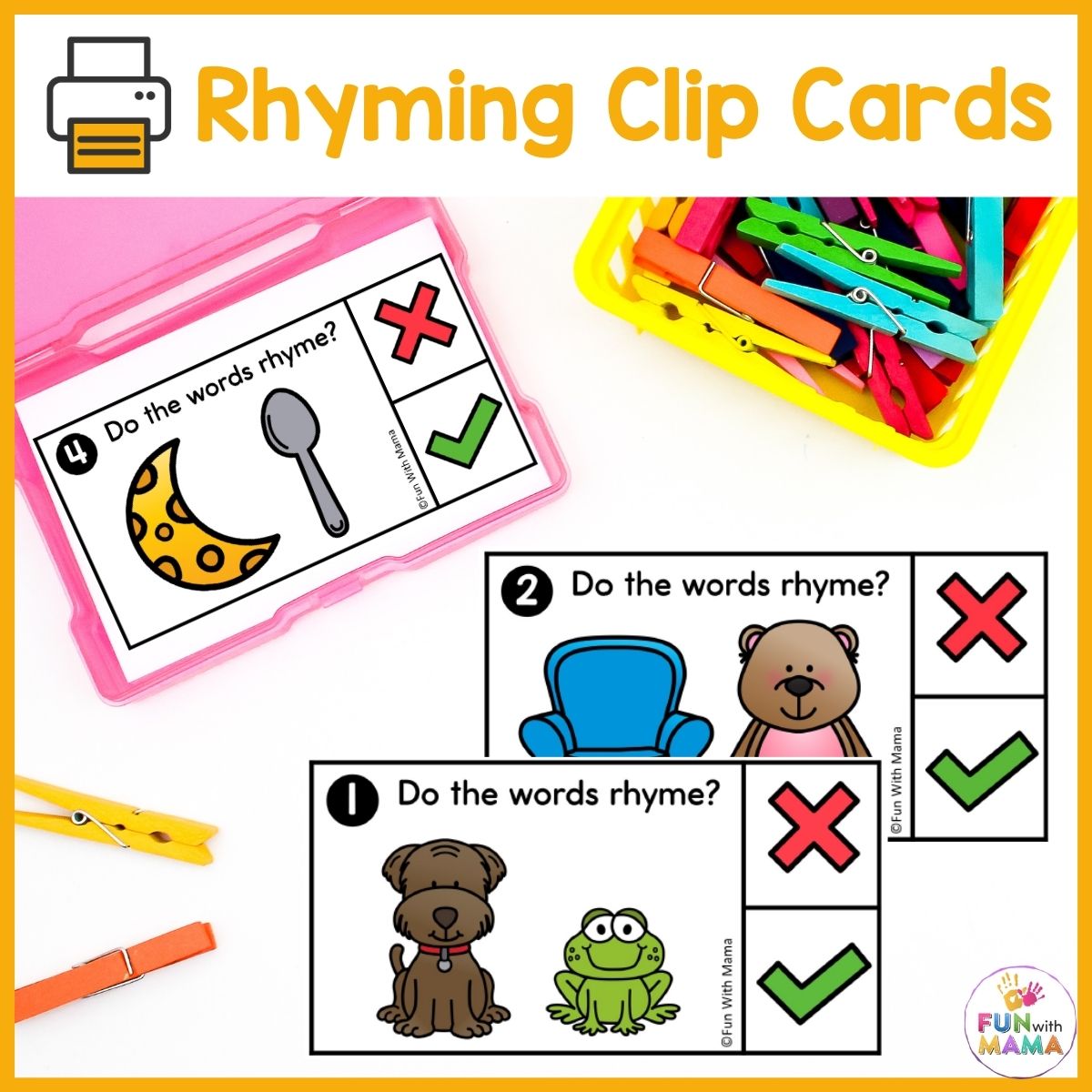 Rhyming words for kids clip cards