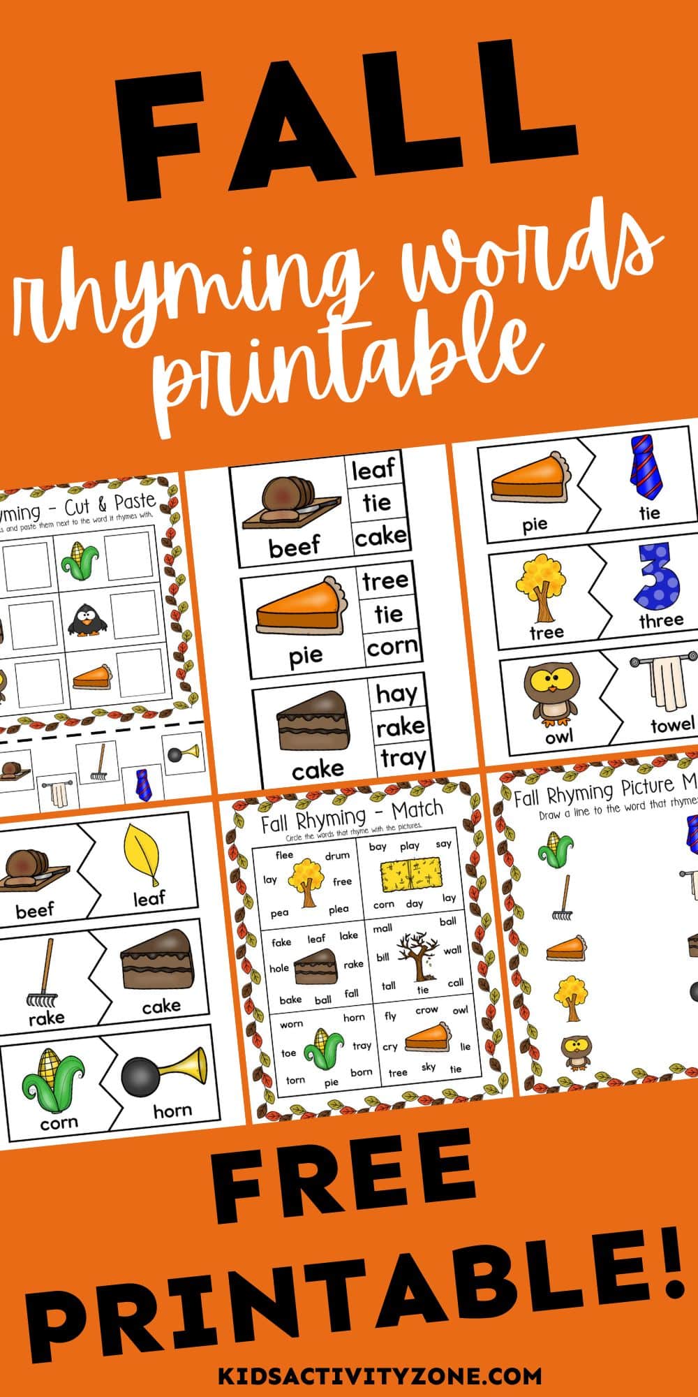 Fall rhyming words activities free printable