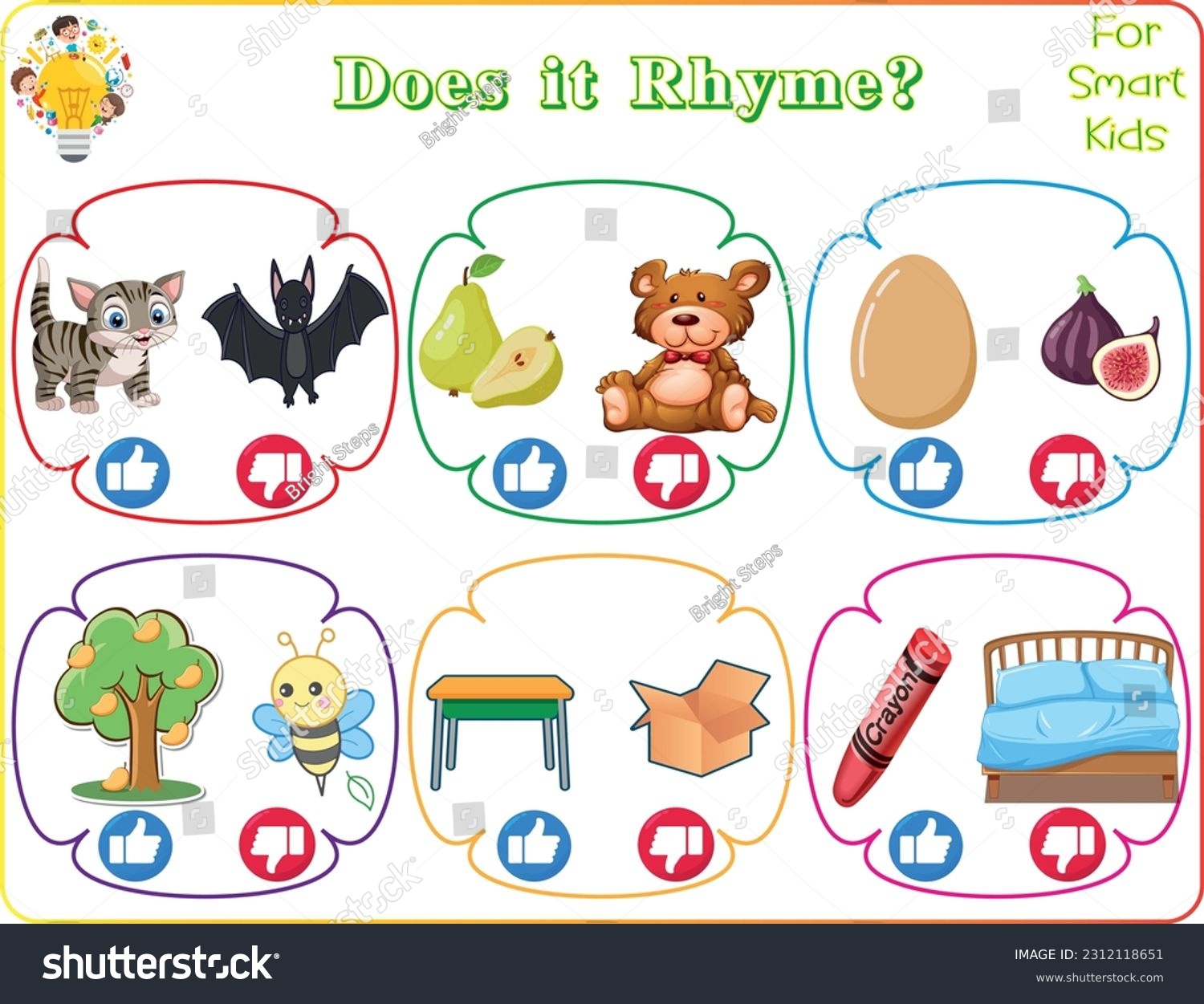 Rhyming words worksheets aid children developing stock vector royalty free