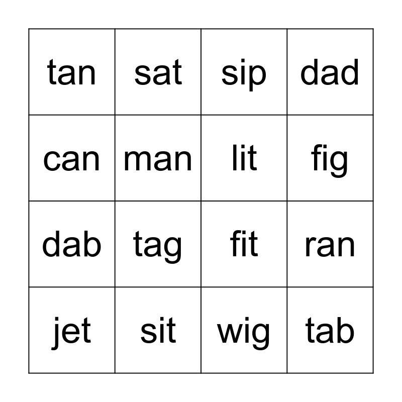 Rhyming words bingo card