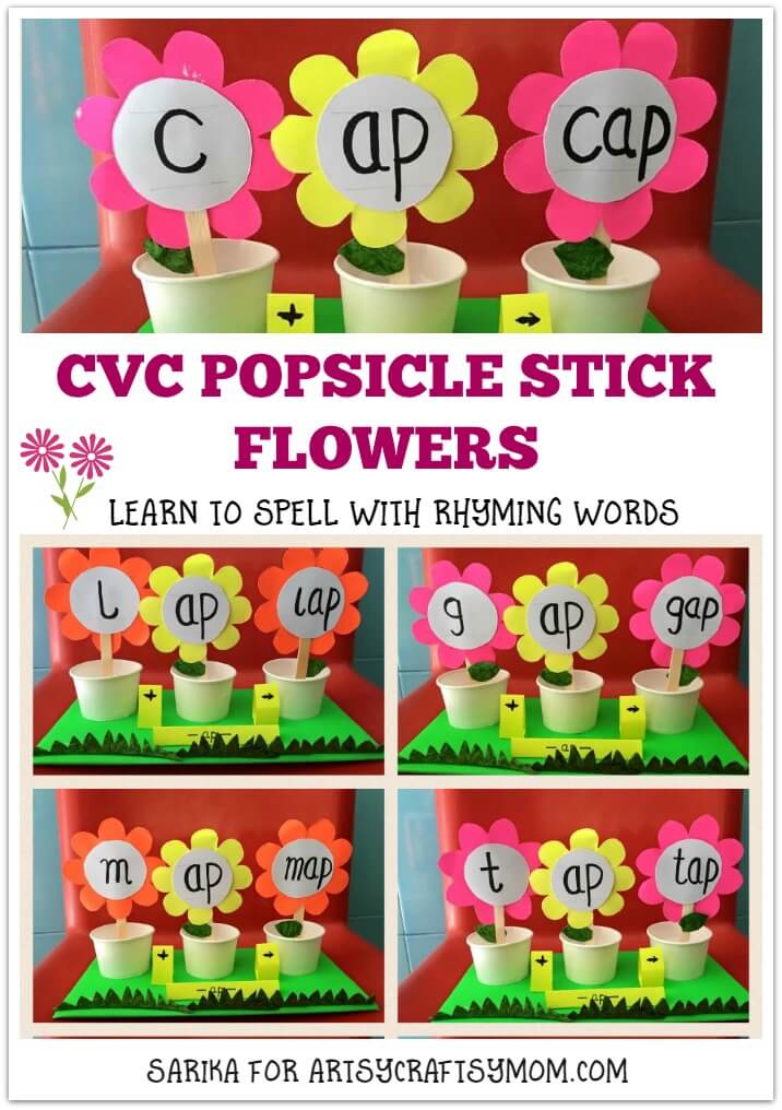 Cvc popsicle stick flowers to learn rhyming words