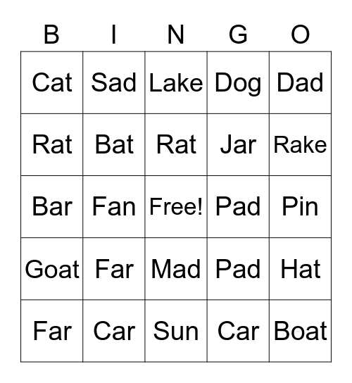 Rhyming words bingo card