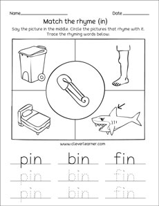 Rhyme words matching and racing worksheets for kindergarten and preschool kids