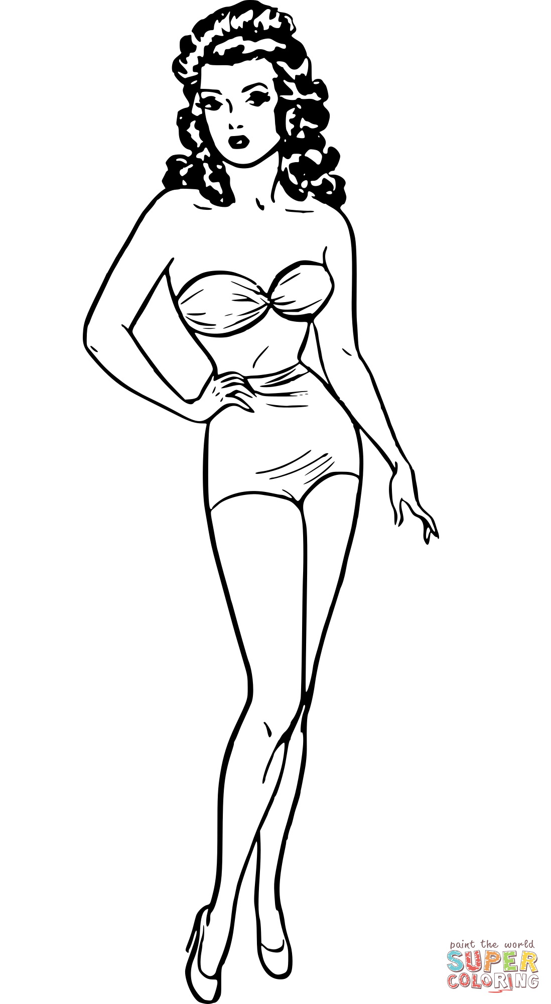 Retro bikini brunette coloring page free printable coloring pages