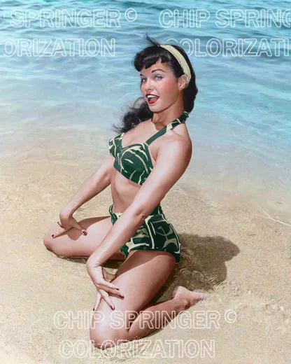 Bettie page pinup in green bikini sexy cheeseke color photo by chip springer