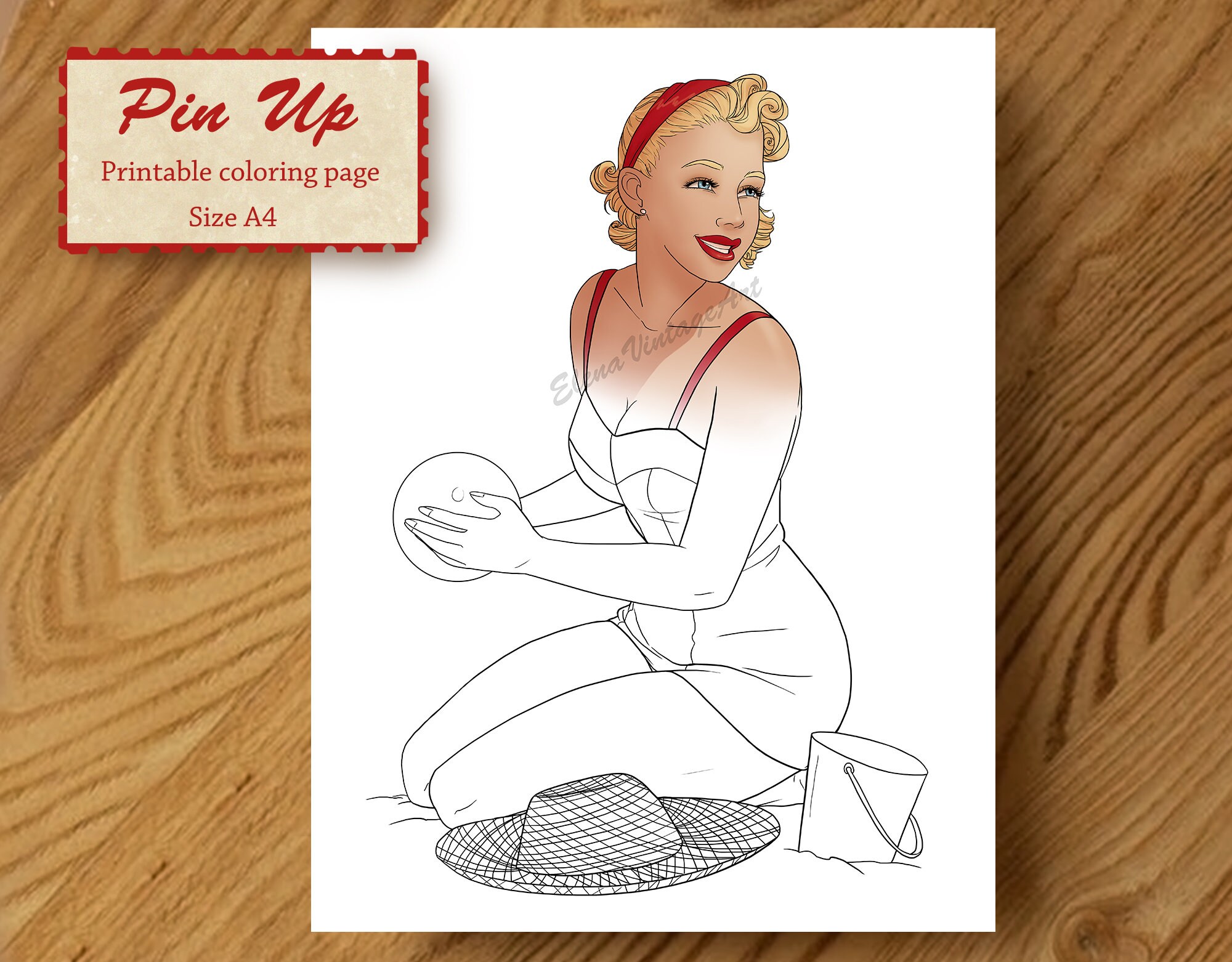 Summer girl colouring page summer pin up printable instant download pdf coloring page bikini pin up sexy summer pin up colouring pages