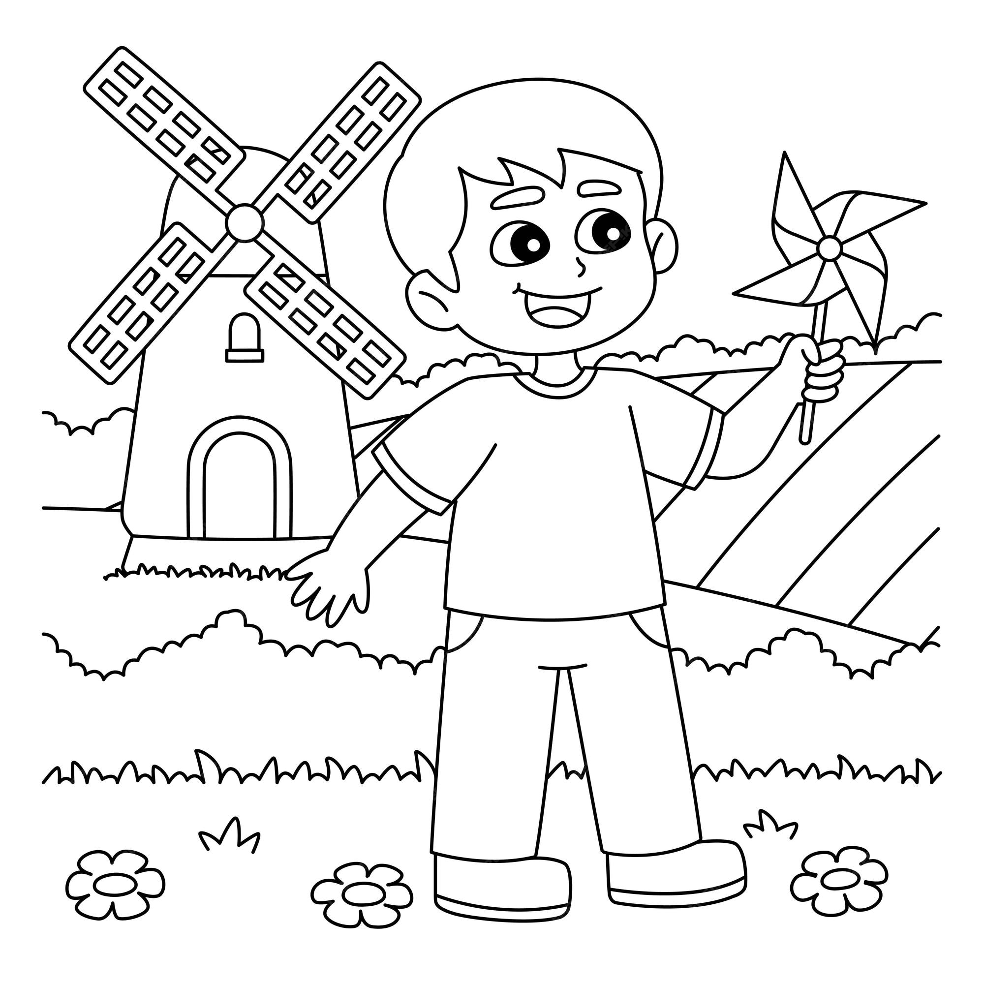 Premium vector spring boy holding a pinwheel coloring page