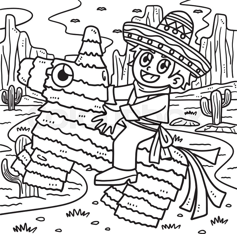 Cinco de mayo child riding pinata coloring page stock vector