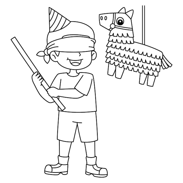 Premium vector a cute and funny coloring page of a happy birthday boy with pinata provides hours of coloring fun for children color this page is very easy suitable for little