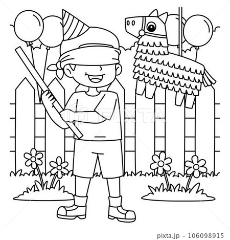 Happy birthday boy with pinata coloring page