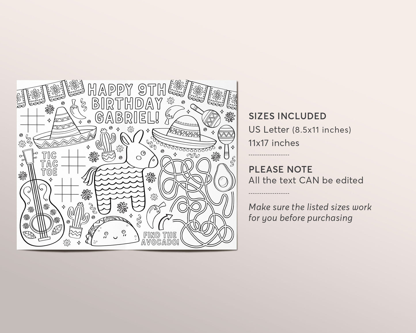 Fiesta coloring placemat for kids editable template mexican birthday â puff paper co