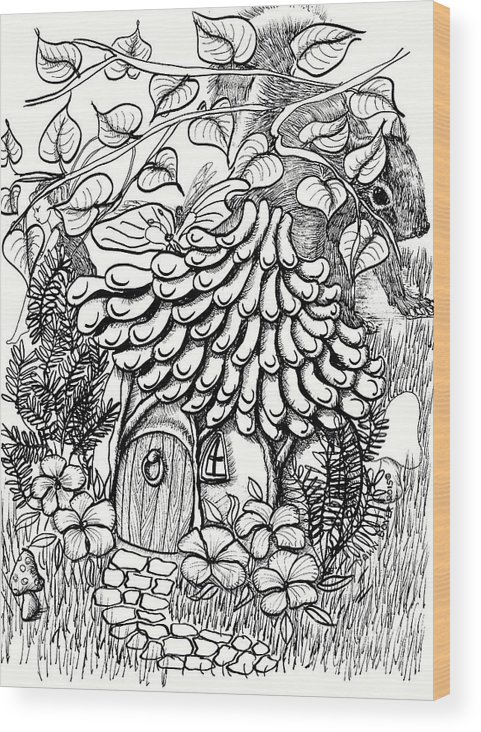 Fairy house with pine cone roof shingles and squirrel wood print by dawn boyer