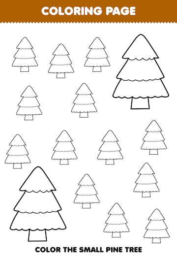 Premium vector education game for children coloring page big or small picture of cute cartoon pine tree line art printable winter worksheet