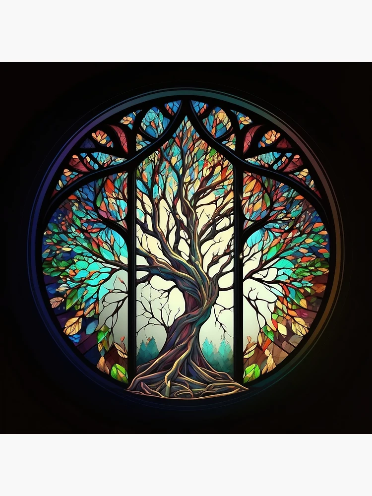 A tree in a multi colored stained glass window art board print for sale by allgeeks