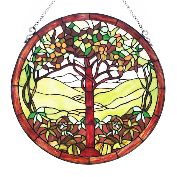 River of goods green tree of life stained glass window panel