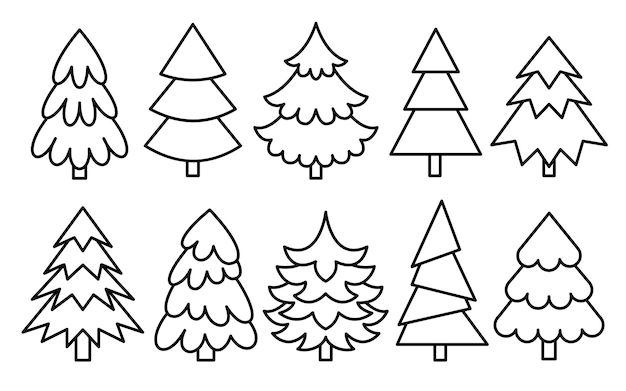 Premium vector christmas tree black outline set coloring book page evergreen coniferous forest sketch pine doodle spruce linear fir icon isolated on white cartoon xmas symbol winter holiday line decoration