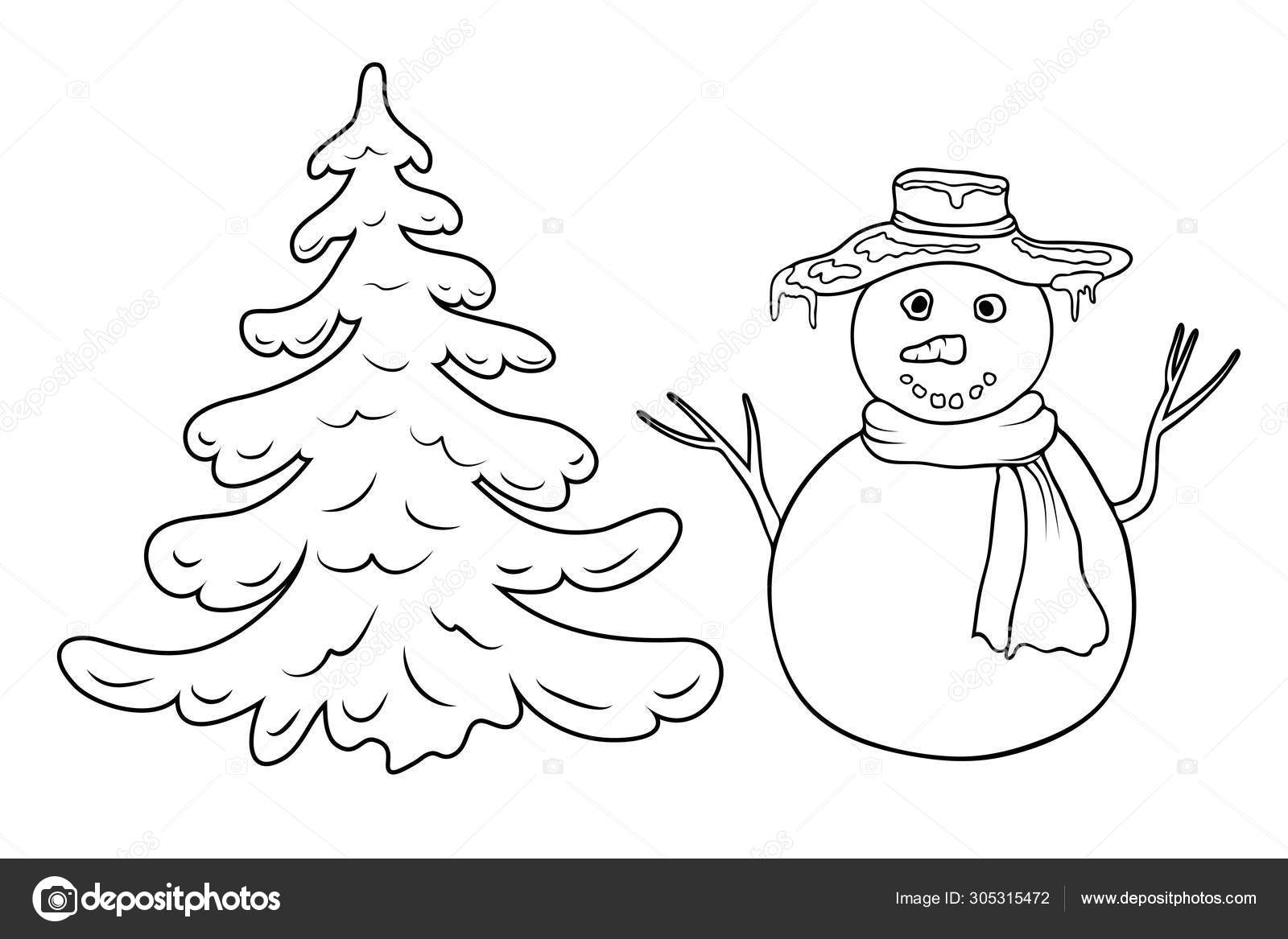 Cute cartoon coloring snowman and fir tree outline silhouette isolated on white coloring page with snowman and fir or pine tree black and white winter or christmas illustration for coloring book stock