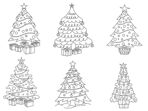 Premium vector christmas tree black and white vector illustration for coloring book