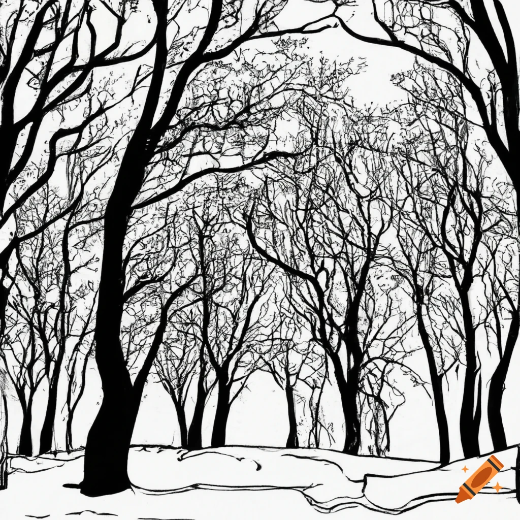 Black and white coloring page of a peaceful pine forest on